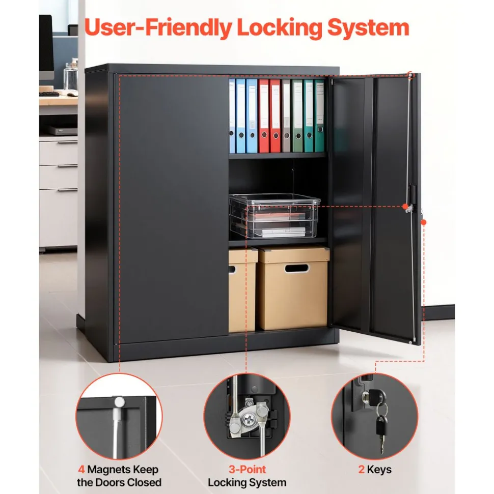 VEVOR Metal Storage Cabinet, 41.7 in Steel Garage Cabinet with 2 Adjustable Shelves, 2 Magnetic Doors & 2 Keys, 3 Tiers Lockable Tool Storage for Pantry, Warehouse, Basement, Office, Black