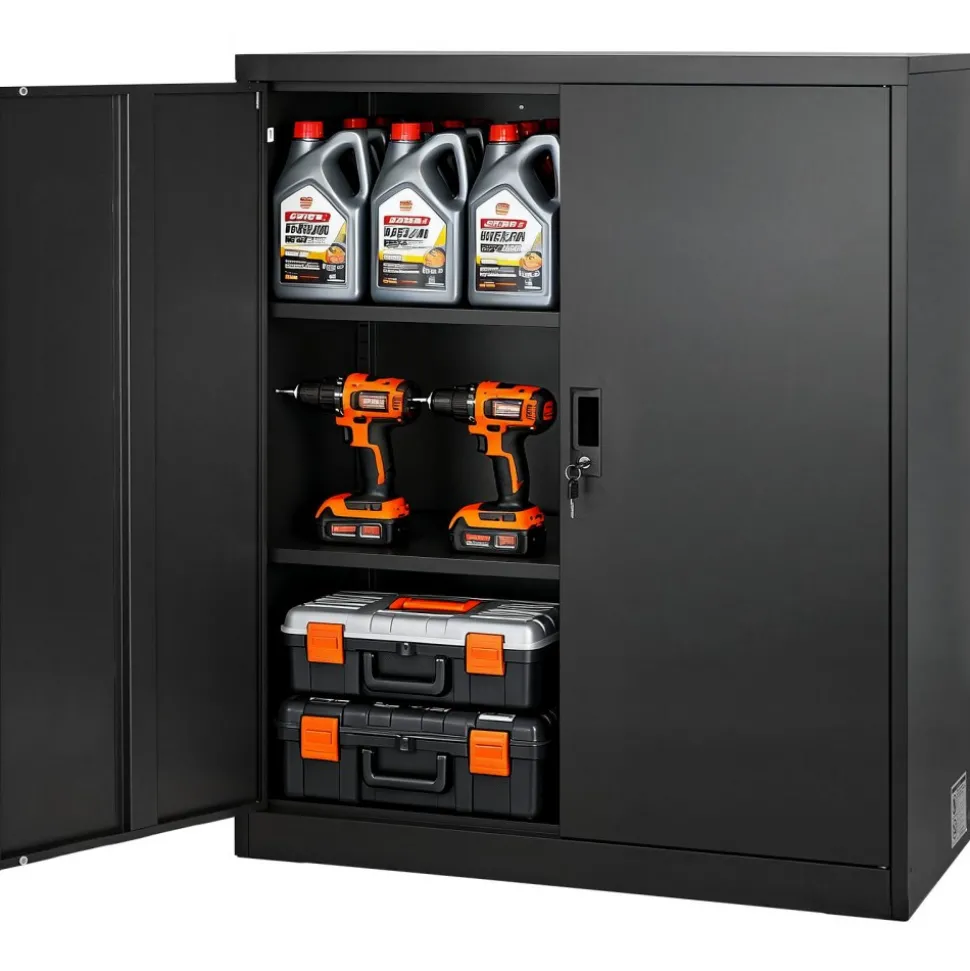 VEVOR Metal Storage Cabinet, 41.7 in Steel Garage Cabinet with 2 Adjustable Shelves, 2 Magnetic Doors & 2 Keys, 3 Tiers Lockable Tool Storage for Pantry, Warehouse, Basement, Office, Black