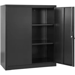 VEVOR Metal Storage Cabinet, 41.7 in Steel Garage Cabinet with 2 Adjustable Shelves, 2 Magnetic Doors & 2 Keys, 3 Tiers Lockable Tool Storage for Pantry, Warehouse, Basement, Office, Black