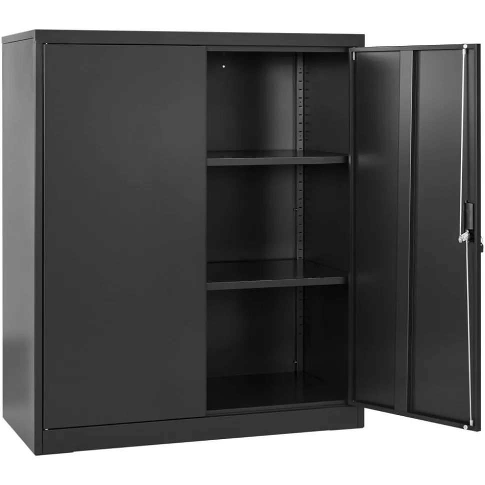 VEVOR Metal Storage Cabinet, 41.7 in Steel Garage Cabinet with 2 Adjustable Shelves, 2 Magnetic Doors & 2 Keys, 3 Tiers Lockable Tool Storage for Pantry, Warehouse, Basement, Office, Black