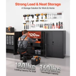 VEVOR Metal Storage Cabinet, 41.7 in Steel Garage Cabinet with 2 Adjustable Shelves, 2 Magnetic Doors & 2 Keys, 3 Tiers Lockable Tool Storage for Pantry, Warehouse, Basement, Office, Black