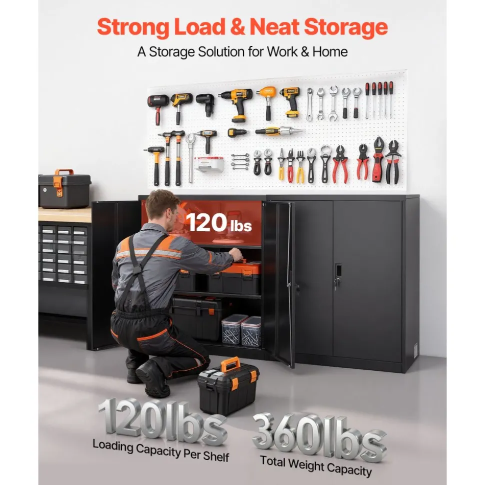 VEVOR Metal Storage Cabinet, 41.7 in Steel Garage Cabinet with 2 Adjustable Shelves, 2 Magnetic Doors & 2 Keys, 3 Tiers Lockable Tool Storage for Pantry, Warehouse, Basement, Office, Black