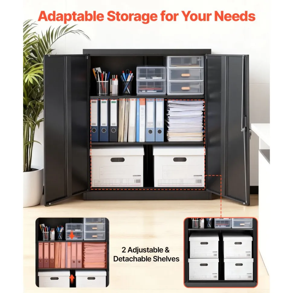 VEVOR Metal Storage Cabinet, 41.7 in Steel Garage Cabinet with 2 Adjustable Shelves, 2 Magnetic Doors & 2 Keys, 3 Tiers Lockable Tool Storage for Pantry, Warehouse, Basement, Office, Black