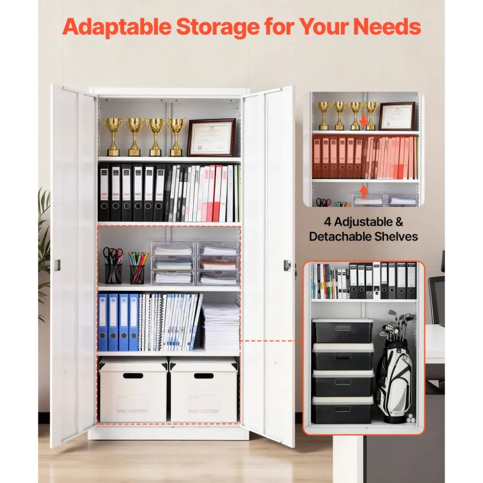 VEVOR Metal Storage Cabinet, 68.9 in Lockable Steel Garage Cabinet with 4 Adjustable Shelves, 2 Magnetic Doors, 2 Keys, 5 Tiers Tool Storage for Pantry, Warehouse, Basement, Laundry, Office, White
