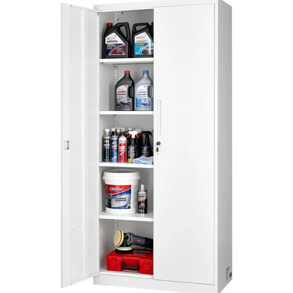 VEVOR Metal Storage Cabinet, 68.9 in Lockable Steel Garage Cabinet with 4 Adjustable Shelves, 2 Magnetic Doors, 2 Keys, 5 Tiers Tool Storage for Pantry, Warehouse, Basement, Laundry, Office, White