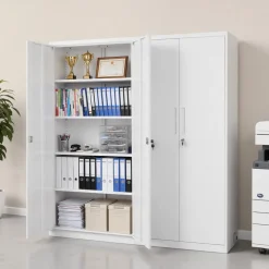VEVOR Metal Storage Cabinet, 68.9 in Lockable Steel Garage Cabinet with 4 Adjustable Shelves, 2 Magnetic Doors, 2 Keys, 5 Tiers Tool Storage for Pantry, Warehouse, Basement, Laundry, Office, White