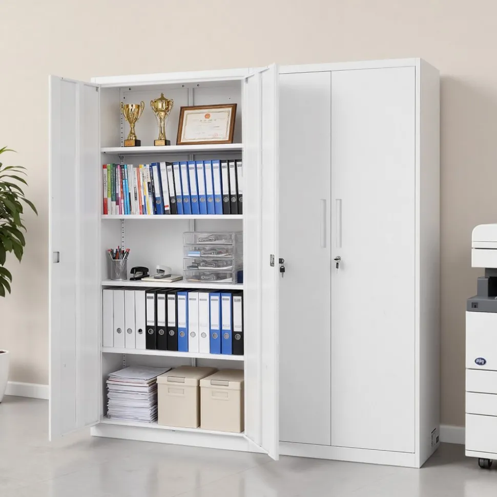 VEVOR Metal Storage Cabinet, 68.9 in Lockable Steel Garage Cabinet with 4 Adjustable Shelves, 2 Magnetic Doors, 2 Keys, 5 Tiers Tool Storage for Pantry, Warehouse, Basement, Laundry, Office, White