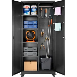 VEVOR Metal Storage Cabinet, 70.6 in Rolling Steel Garage Cabinet with Adjustable Shelves, 2 Magnetic Doors, Hanging Rod & 3 Rod Hooks, 5 Tiers Lockable Tool Storage for Pantry, Warehouse, Basement
