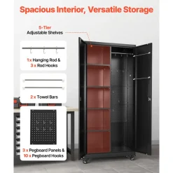 VEVOR Metal Storage Cabinet, 70.6 in Rolling Steel Garage Cabinet with Adjustable Shelves, 2 Magnetic Doors, Hanging Rod & 3 Rod Hooks, 5 Tiers Lockable Tool Storage for Pantry, Warehouse, Basement