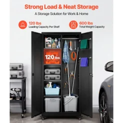 VEVOR Metal Storage Cabinet, 70.6 in Rolling Steel Garage Cabinet with Adjustable Shelves, 2 Magnetic Doors, Hanging Rod & 3 Rod Hooks, 5 Tiers Lockable Tool Storage for Pantry, Warehouse, Basement