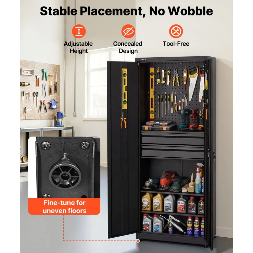 VEVOR Metal Storage Cabinet, 180 lbs Shelf Load Capacity, 70.87" Tall Garage Tool Storage Cabinet with 2 Locking Doors, Adjustable Shelves, 2 Drawers, Pegboard, for Garage, Home, Office, Utility Room