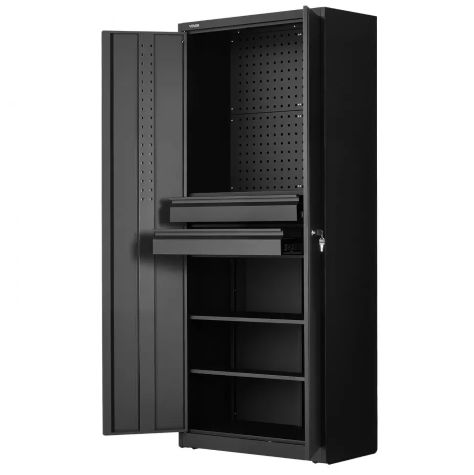 VEVOR Metal Storage Cabinet, 180 lbs Shelf Load Capacity, 70.87" Tall Garage Tool Storage Cabinet with 2 Locking Doors, Adjustable Shelves, 2 Drawers, Pegboard, for Garage, Home, Office, Utility Room