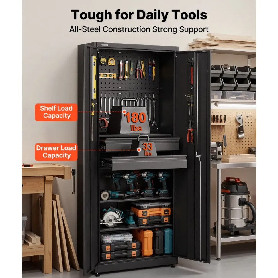 VEVOR Metal Storage Cabinet, 180 lbs Shelf Load Capacity, 70.87" Tall Garage Tool Storage Cabinet with 2 Locking Doors, Adjustable Shelves, 2 Drawers, Pegboard, for Garage, Home, Office, Utility Room