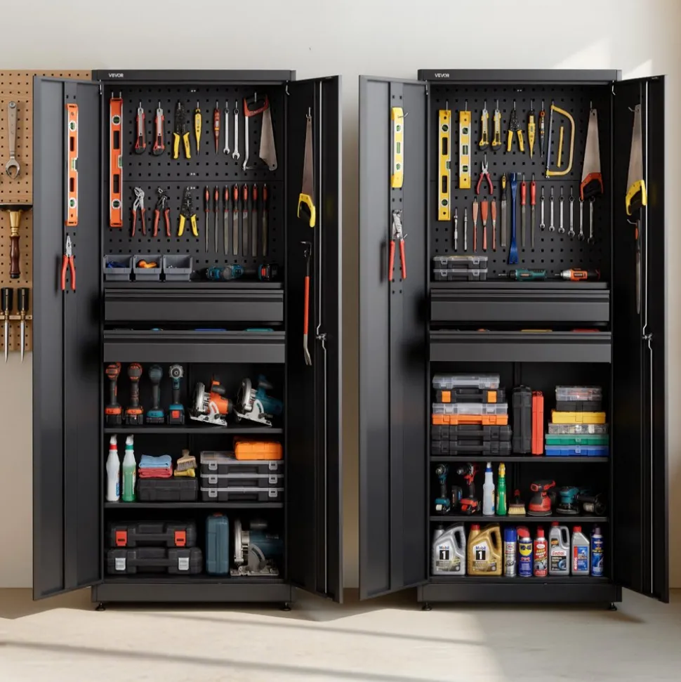 VEVOR Metal Storage Cabinet, 180 lbs Shelf Load Capacity, 70.87" Tall Garage Tool Storage Cabinet with 2 Locking Doors, Adjustable Shelves, 2 Drawers, Pegboard, for Garage, Home, Office, Utility Room
