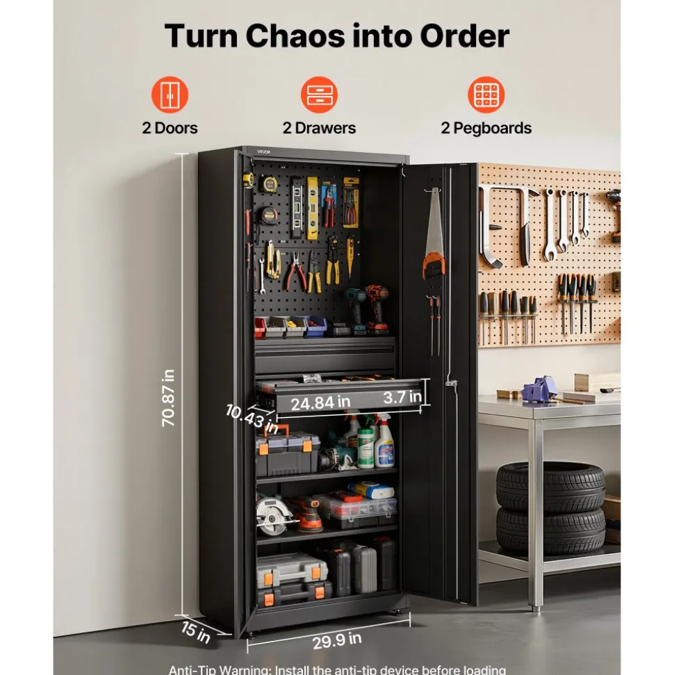 VEVOR Metal Storage Cabinet, 180 lbs Shelf Load Capacity, 70.87" Tall Garage Tool Storage Cabinet with 2 Locking Doors, Adjustable Shelves, 2 Drawers, Pegboard, for Garage, Home, Office, Utility Room