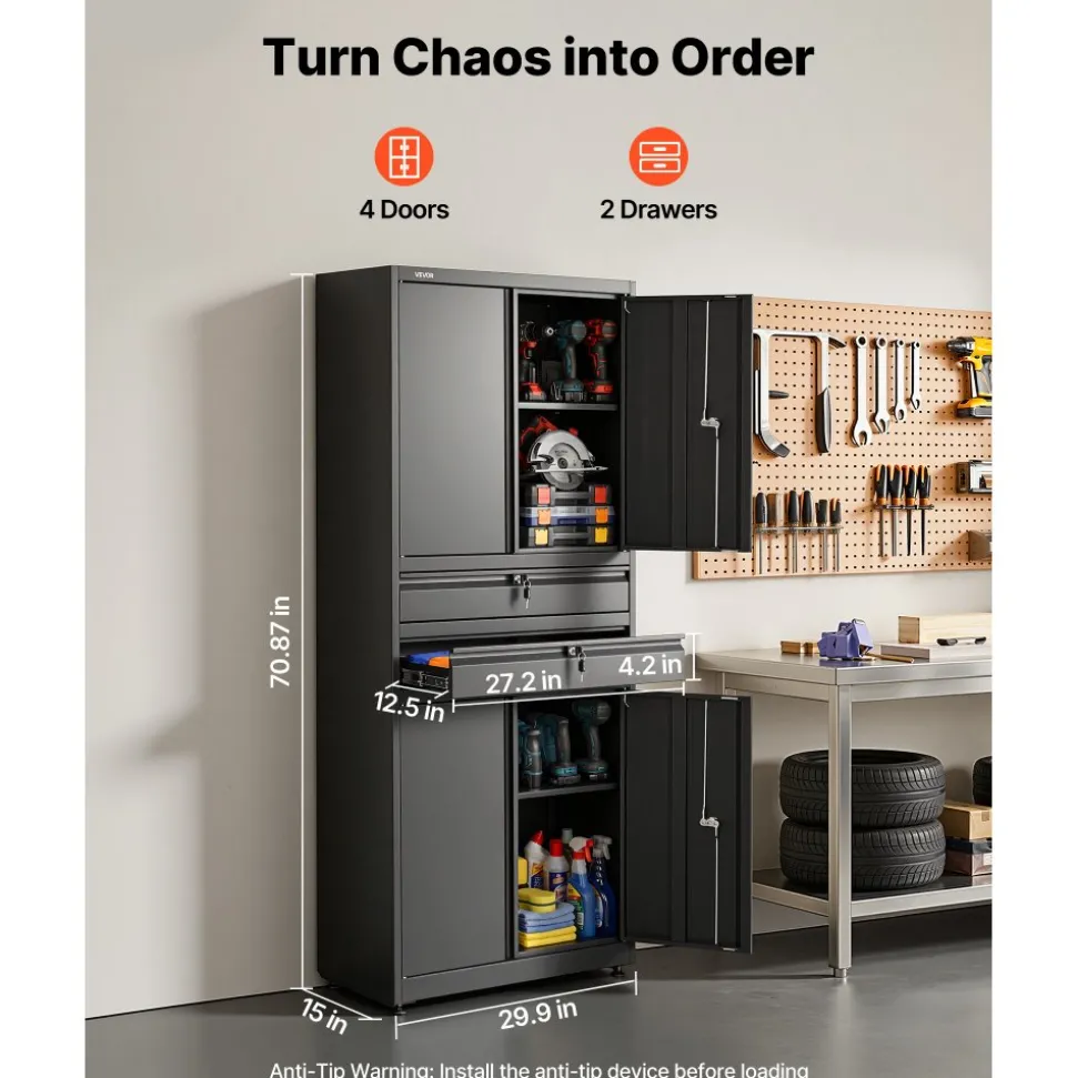 VEVOR Metal Storage Cabinet, 180 lbs Shelf Load Capacity, 70.87" Tall Garage Tool Storage Cabinet with 4 Locking Doors and Adjustable Shelves, 2 Drawers, for Garage, Home, Office, Utility Room, Black