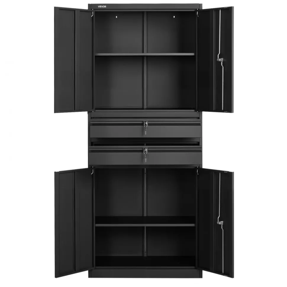 VEVOR Metal Storage Cabinet, 180 lbs Shelf Load Capacity, 70.87" Tall Garage Tool Storage Cabinet with 4 Locking Doors and Adjustable Shelves, 2 Drawers, for Garage, Home, Office, Utility Room, Black