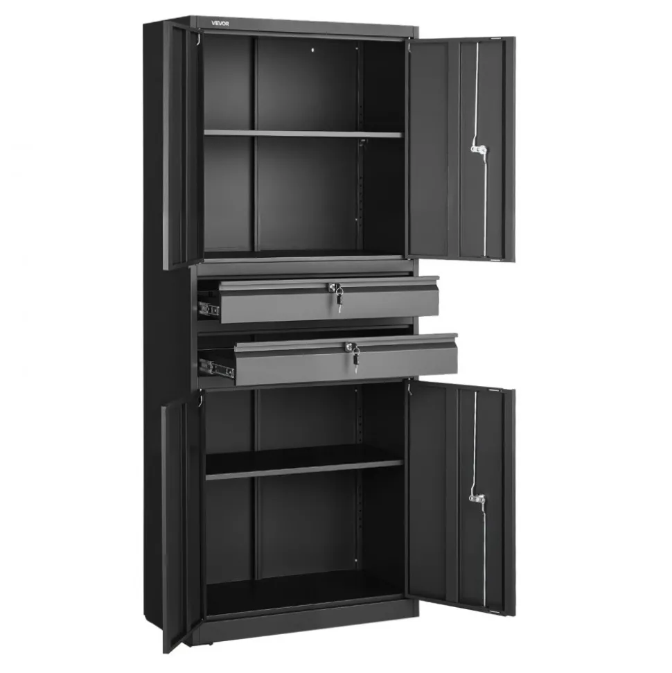 VEVOR Metal Storage Cabinet, 180 lbs Shelf Load Capacity, 70.87" Tall Garage Tool Storage Cabinet with 4 Locking Doors and Adjustable Shelves, 2 Drawers, for Garage, Home, Office, Utility Room, Black