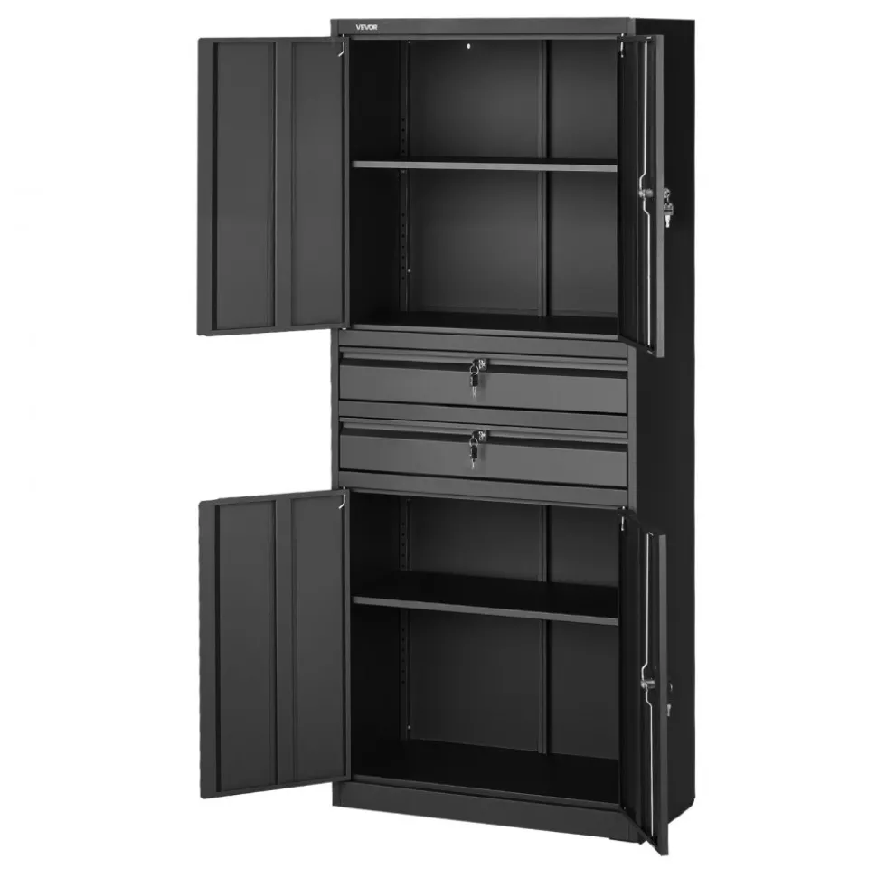 VEVOR Metal Storage Cabinet, 180 lbs Shelf Load Capacity, 70.87" Tall Garage Tool Storage Cabinet with 4 Locking Doors and Adjustable Shelves, 2 Drawers, for Garage, Home, Office, Utility Room, Black