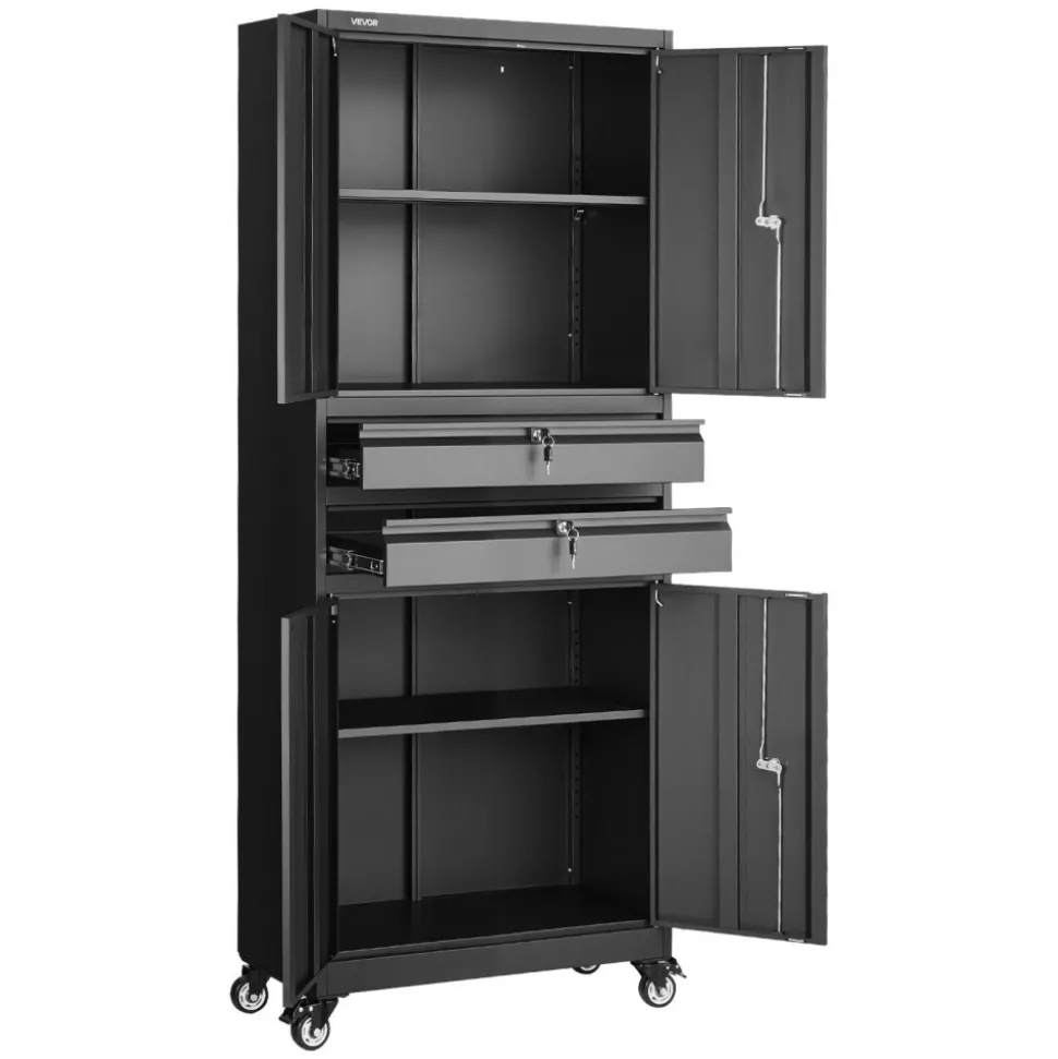 VEVOR Metal Storage Cabinet with Wheels, 180 lbs Shelf Load Capacity, 75" Tall Rolling Garage Tool Storage Cabinet with 4 Locking Doors and Adjustable Shelves, 2 Drawers, for Garage, Office, Home