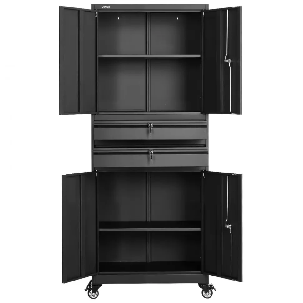 VEVOR Metal Storage Cabinet with Wheels, 180 lbs Shelf Load Capacity, 75" Tall Rolling Garage Tool Storage Cabinet with 4 Locking Doors and Adjustable Shelves, 2 Drawers, for Garage, Office, Home