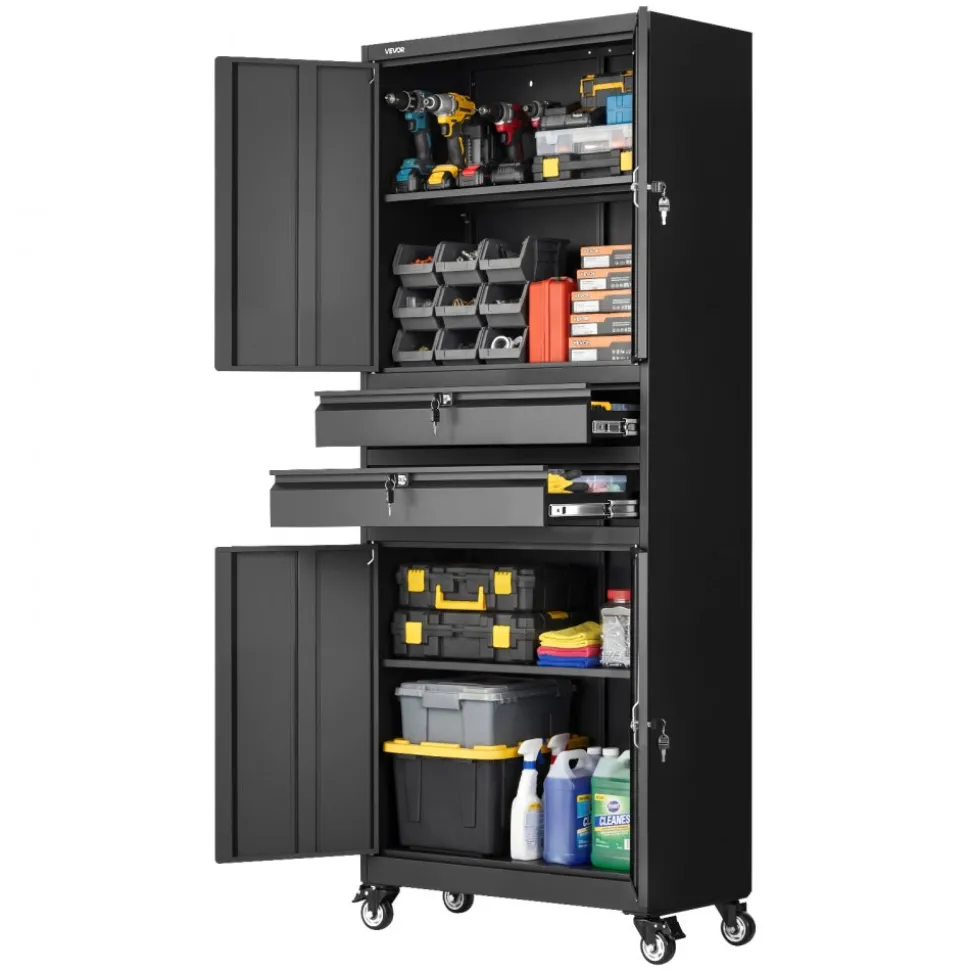 VEVOR Metal Storage Cabinet with Wheels, 180 lbs Shelf Load Capacity, 75" Tall Rolling Garage Tool Storage Cabinet with 4 Locking Doors and Adjustable Shelves, 2 Drawers, for Garage, Office, Home
