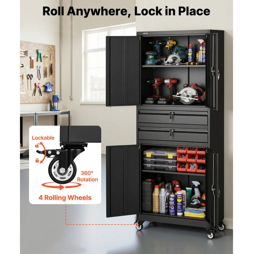 VEVOR Metal Storage Cabinet with Wheels, 180 lbs Shelf Load Capacity, 75" Tall Rolling Garage Tool Storage Cabinet with 4 Locking Doors and Adjustable Shelves, 2 Drawers, for Garage, Office, Home