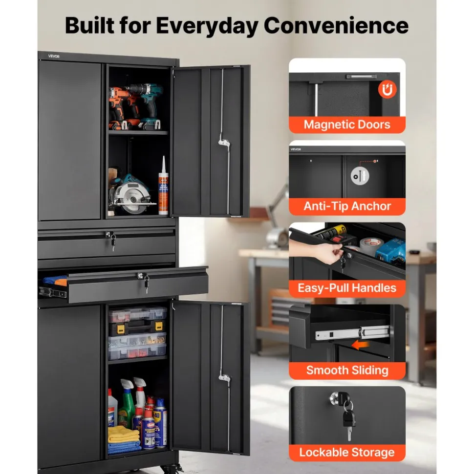 VEVOR Metal Storage Cabinet with Wheels, 180 lbs Shelf Load Capacity, 75" Tall Rolling Garage Tool Storage Cabinet with 4 Locking Doors and Adjustable Shelves, 2 Drawers, for Garage, Office, Home