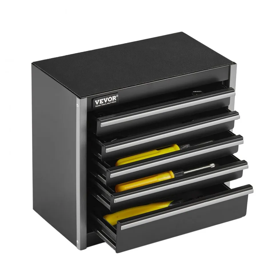 VEVOR Metal Tool Box, 8.6-inch, Portable Metal Tool Box with 5 Drawers, Small Tool Chest with EVA Liners and PP Feet Pads, Heavy-Duty Steel With Ball Bearing Opening and Powder Coated Finish, Black