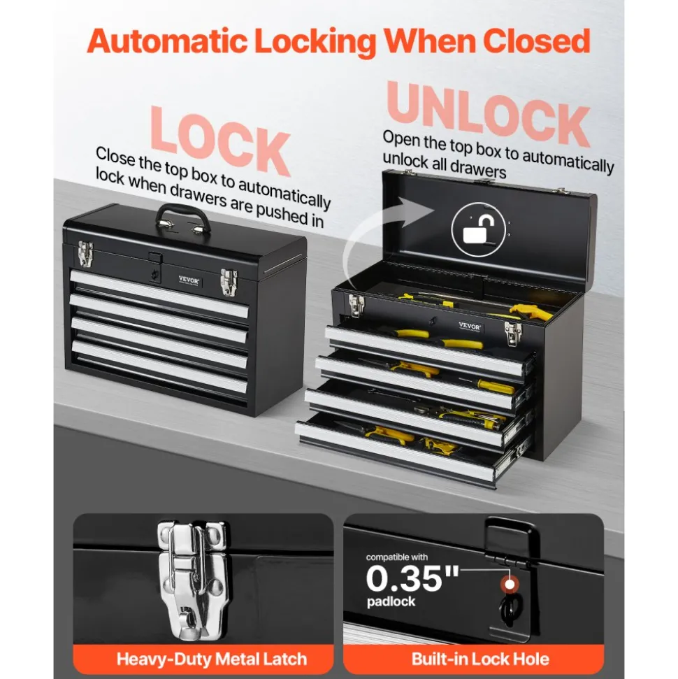 VEVOR Metal Tool Box, 20.5-inch, Portable Metal Tool Box with 3 Drawers, Small Tool Chest with EVA Liners, Ball Bearing Slide Drawers Locking & Powder Coated Finish, Multi-Function Tool Organizer