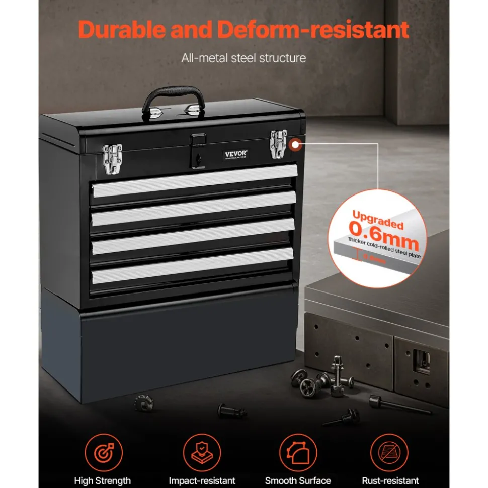 VEVOR Metal Tool Box, 20.5-inch, Portable Metal Tool Box with 3 Drawers, Small Tool Chest with EVA Liners, Ball Bearing Slide Drawers Locking & Powder Coated Finish, Multi-Function Tool Organizer