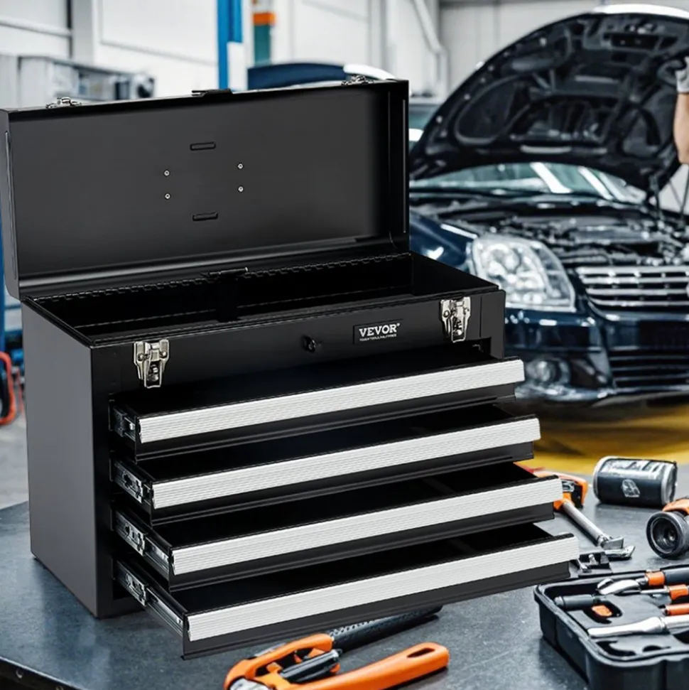 VEVOR Metal Tool Box, 20.5-inch, Portable Metal Tool Box with 3 Drawers, Small Tool Chest with EVA Liners, Ball Bearing Slide Drawers Locking & Powder Coated Finish, Multi-Function Tool Organizer