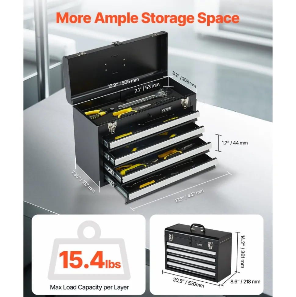 VEVOR Metal Tool Box, 20.5-inch, Portable Metal Tool Box with 3 Drawers, Small Tool Chest with EVA Liners, Ball Bearing Slide Drawers Locking & Powder Coated Finish, Multi-Function Tool Organizer