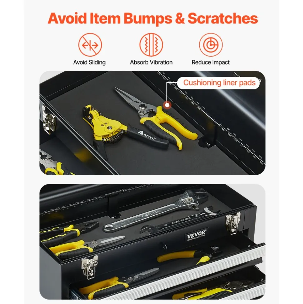 VEVOR Metal Tool Box, 20.5-inch, Portable Metal Tool Box with 3 Drawers, Small Tool Chest with EVA Liners, Ball Bearing Slide Drawers Locking & Powder Coated Finish, Multi-Function Tool Organizer