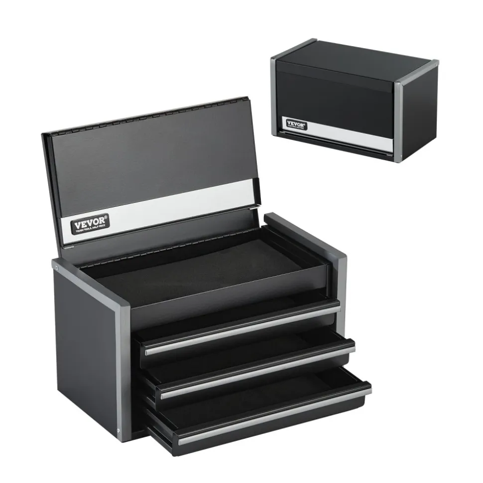 VEVOR Metal Tool Box, 8.6-inch, Portable Metal Tool Box with 3 Drawers, Small Tool Chest with EVA Liners and PP Feet Pads, Heavy-Duty Steel With Ball Bearing Opening and Powder Coated Finish, Black