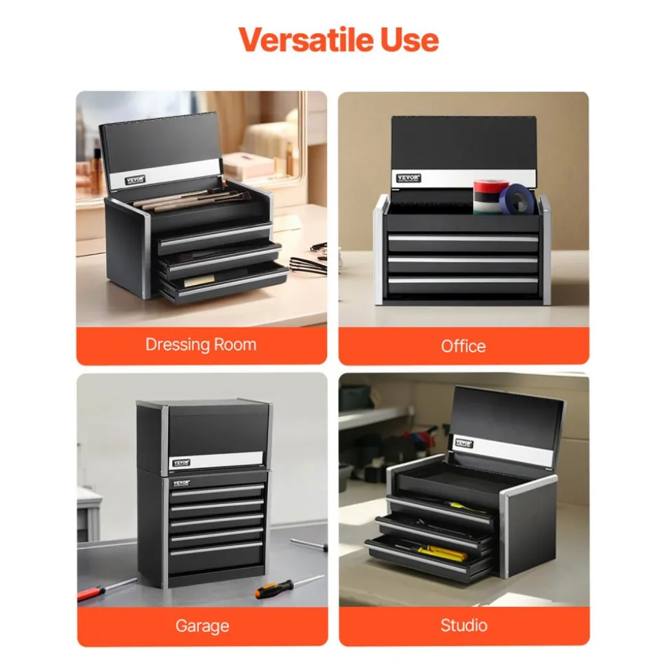 VEVOR Metal Tool Box, 8.6-inch, Portable Metal Tool Box with 3 Drawers, Small Tool Chest with EVA Liners and PP Feet Pads, Heavy-Duty Steel With Ball Bearing Opening and Powder Coated Finish, Black