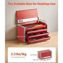 VEVOR Metal Tool Box, 8.6-inch, Portable Metal Tool Box with 3 Drawers, Small Tool Chest with EVA Liners and PP Feet Pads, Heavy-Duty Steel With Ball Bearing Opening and Powder Coated Finish, Red