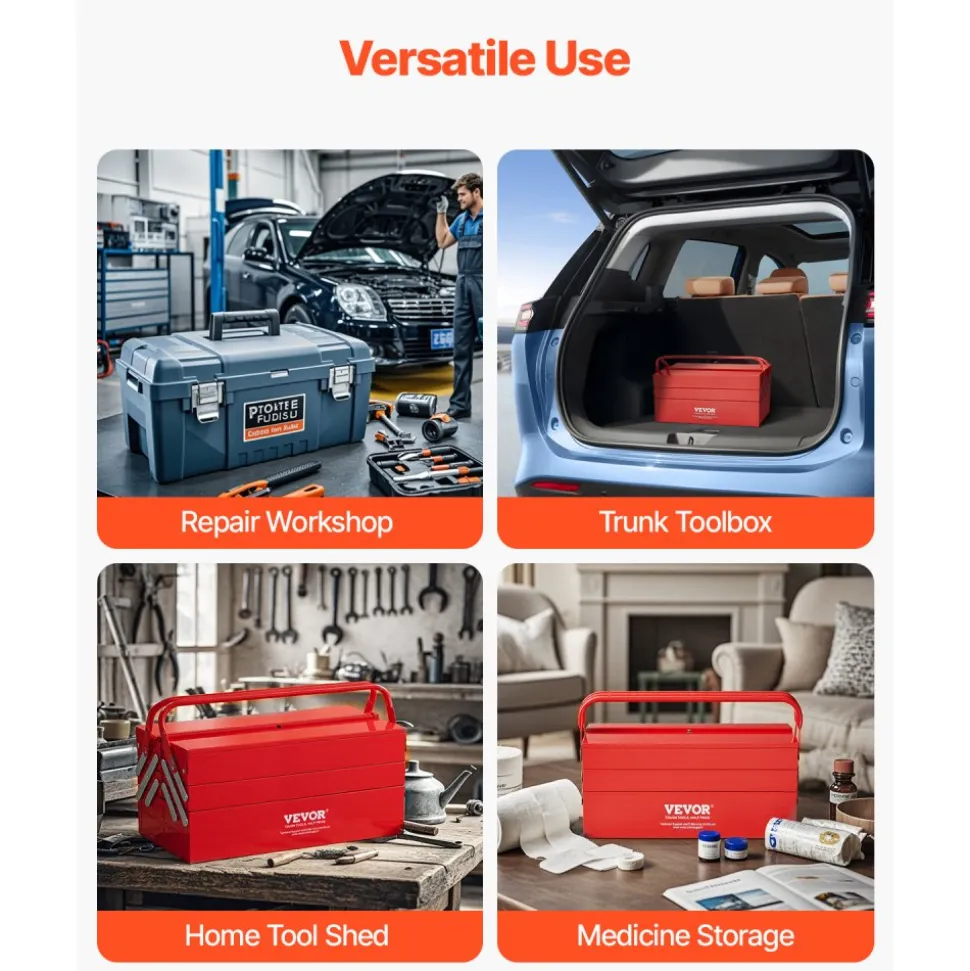 VEVOR Metal Tool Box, 18-inch, 3-Tier 5-Tray Portable Folding Tool Chest Organizer with Handle & Lock Hole, Powder Coated Steel, Cantilever Toolbox for Household Factory Warehouse Repair Shop, Red