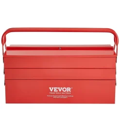 VEVOR Metal Tool Box, 18-inch, 3-Tier 5-Tray Portable Folding Tool Chest Organizer with Handle & Lock Hole, Powder Coated Steel, Cantilever Toolbox for Household Factory Warehouse Repair Shop, Red