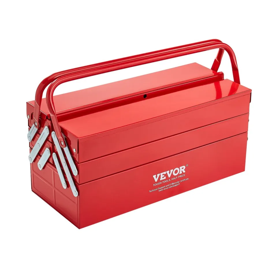 VEVOR Metal Tool Box, 18-inch, 3-Tier 5-Tray Portable Folding Tool Chest Organizer with Handle & Lock Hole, Powder Coated Steel, Cantilever Toolbox for Household Factory Warehouse Repair Shop, Red