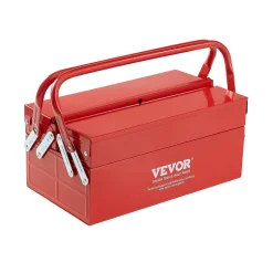 VEVOR Metal Tool Box, 14-inch, 2-Tier 3-Tray Portable Folding Tool Chest Organizer with Handle & Lock Hole, Powder Coated Steel, Cantilever Toolbox for Household Factory Warehouse Repair Shop, Red