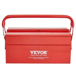VEVOR Metal Tool Box, 14-inch, 2-Tier 3-Tray Portable Folding Tool Chest Organizer with Handle & Lock Hole, Powder Coated Steel, Cantilever Toolbox for Household Factory Warehouse Repair Shop, Red