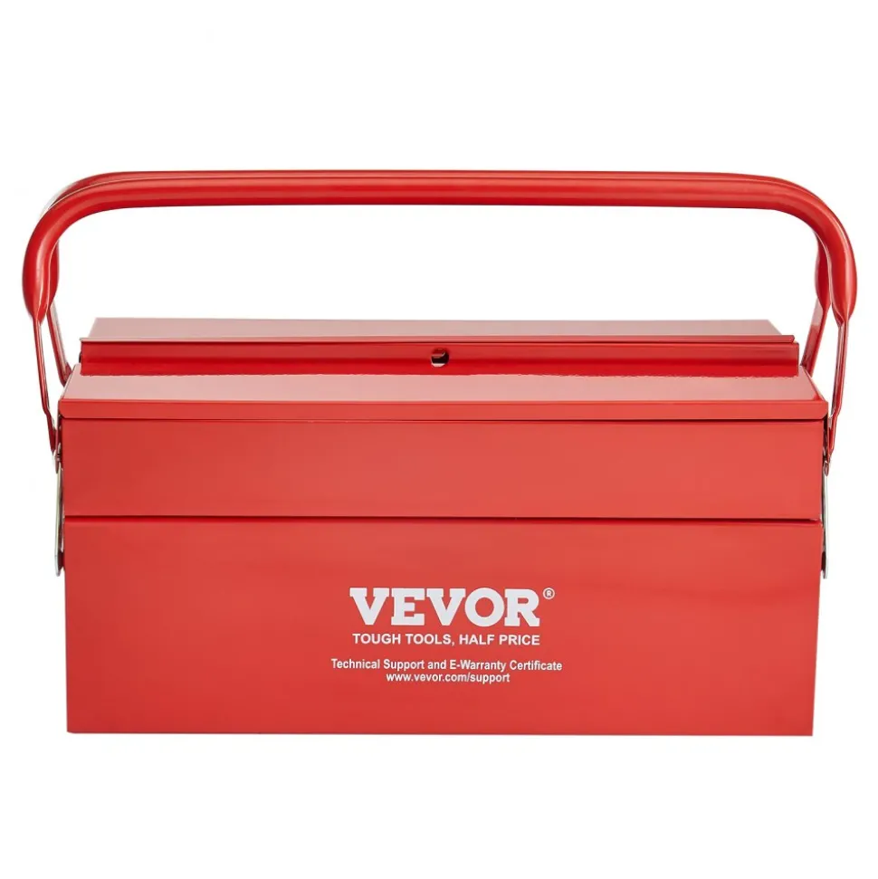 VEVOR Metal Tool Box, 14-inch, 2-Tier 3-Tray Portable Folding Tool Chest Organizer with Handle & Lock Hole, Powder Coated Steel, Cantilever Toolbox for Household Factory Warehouse Repair Shop, Red