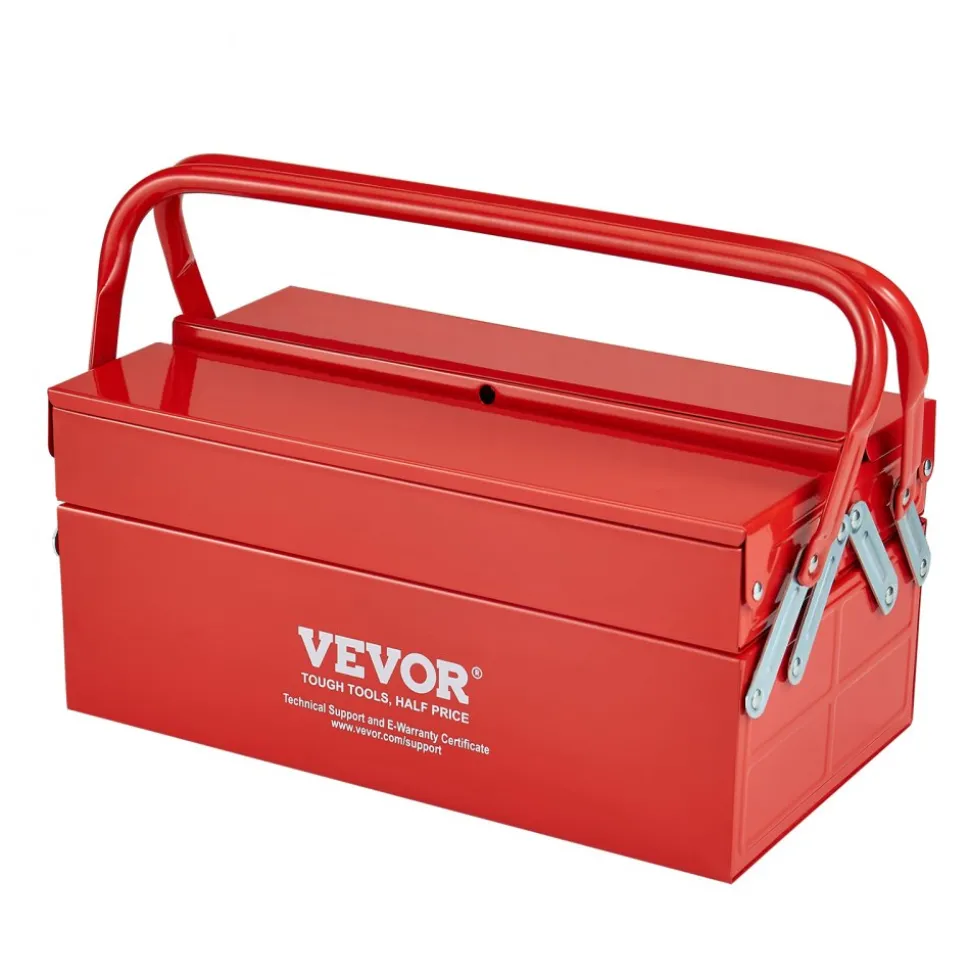 VEVOR Metal Tool Box, 14-inch, 2-Tier 3-Tray Portable Folding Tool Chest Organizer with Handle & Lock Hole, Powder Coated Steel, Cantilever Toolbox for Household Factory Warehouse Repair Shop, Red