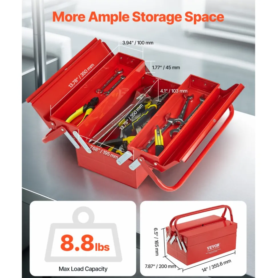VEVOR Metal Tool Box, 14-inch, 2-Tier 3-Tray Portable Folding Tool Chest Organizer with Handle & Lock Hole, Powder Coated Steel, Cantilever Toolbox for Household Factory Warehouse Repair Shop, Red
