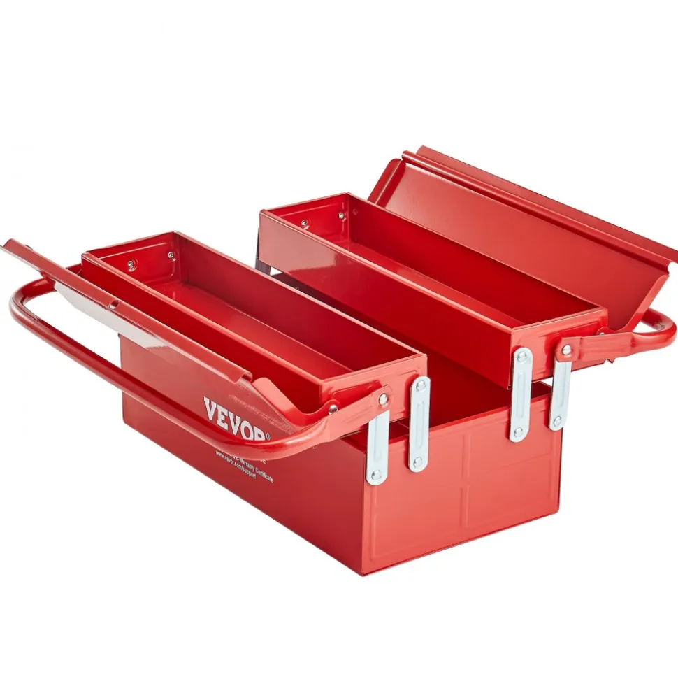 VEVOR Metal Tool Box, 14-inch, 2-Tier 3-Tray Portable Folding Tool Chest Organizer with Handle & Lock Hole, Powder Coated Steel, Cantilever Toolbox for Household Factory Warehouse Repair Shop, Red