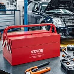 VEVOR Metal Tool Box, 14-inch, 2-Tier 3-Tray Portable Folding Tool Chest Organizer with Handle & Lock Hole, Powder Coated Steel, Cantilever Toolbox for Household Factory Warehouse Repair Shop, Red