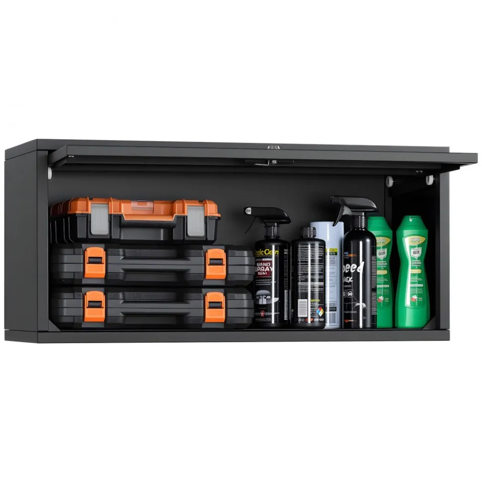 VEVOR Metal Wall Cabinet, 27.56W x 12.01D x 14.02H Inch, Floating Garage Tool Cabinet with Up-Flip Door, 120 lbs Load per Shelf, Fit for Garage, Basement, Kitchen, Warehouse, Assembly Required