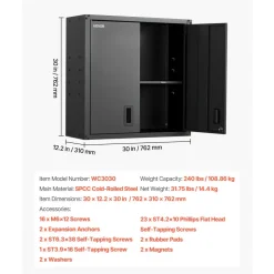 VEVOR Metal Wall Cabinet, 30W x 12.2D x 30H Inch, Steel Floating Hanging Storage Cabinet with Locking Doors and Adjustable Shelf for Garage, Basement, Kitchen, Warehouse Assembly Required, Black