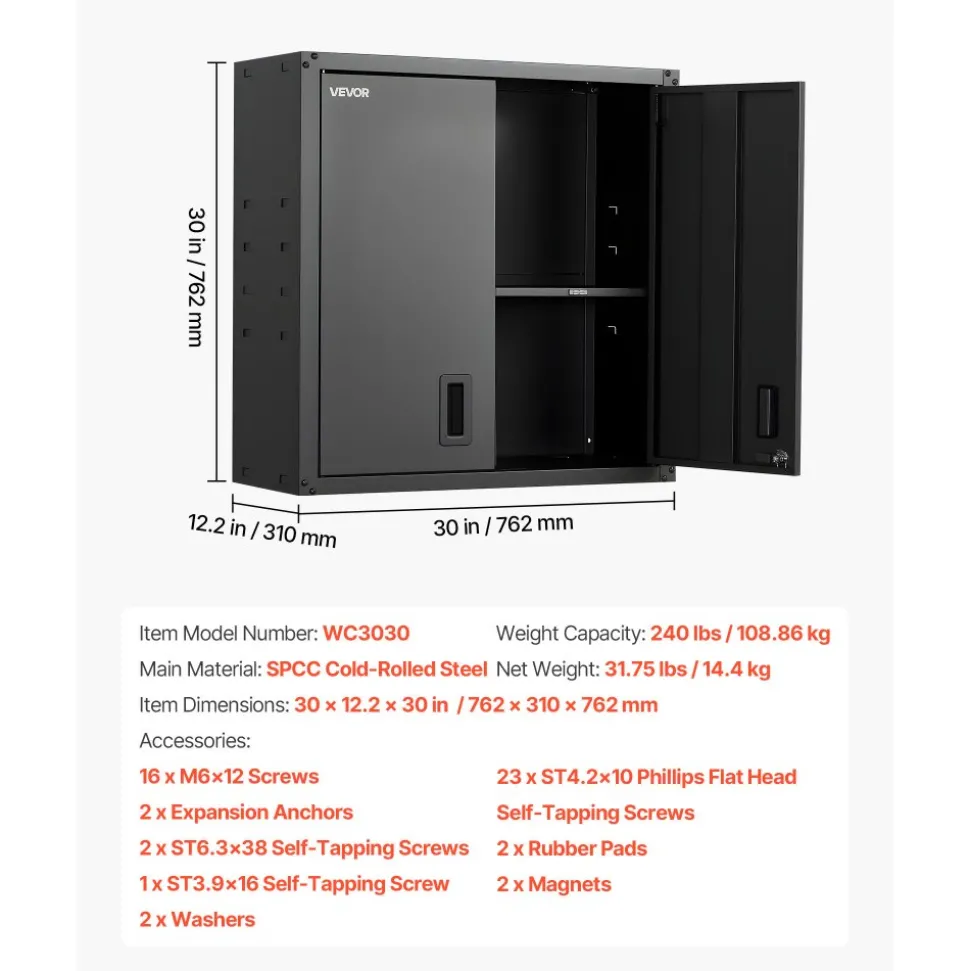 VEVOR Metal Wall Cabinet, 30W x 12.2D x 30H Inch, Steel Floating Hanging Storage Cabinet with Locking Doors and Adjustable Shelf for Garage, Basement, Kitchen, Warehouse Assembly Required, Black